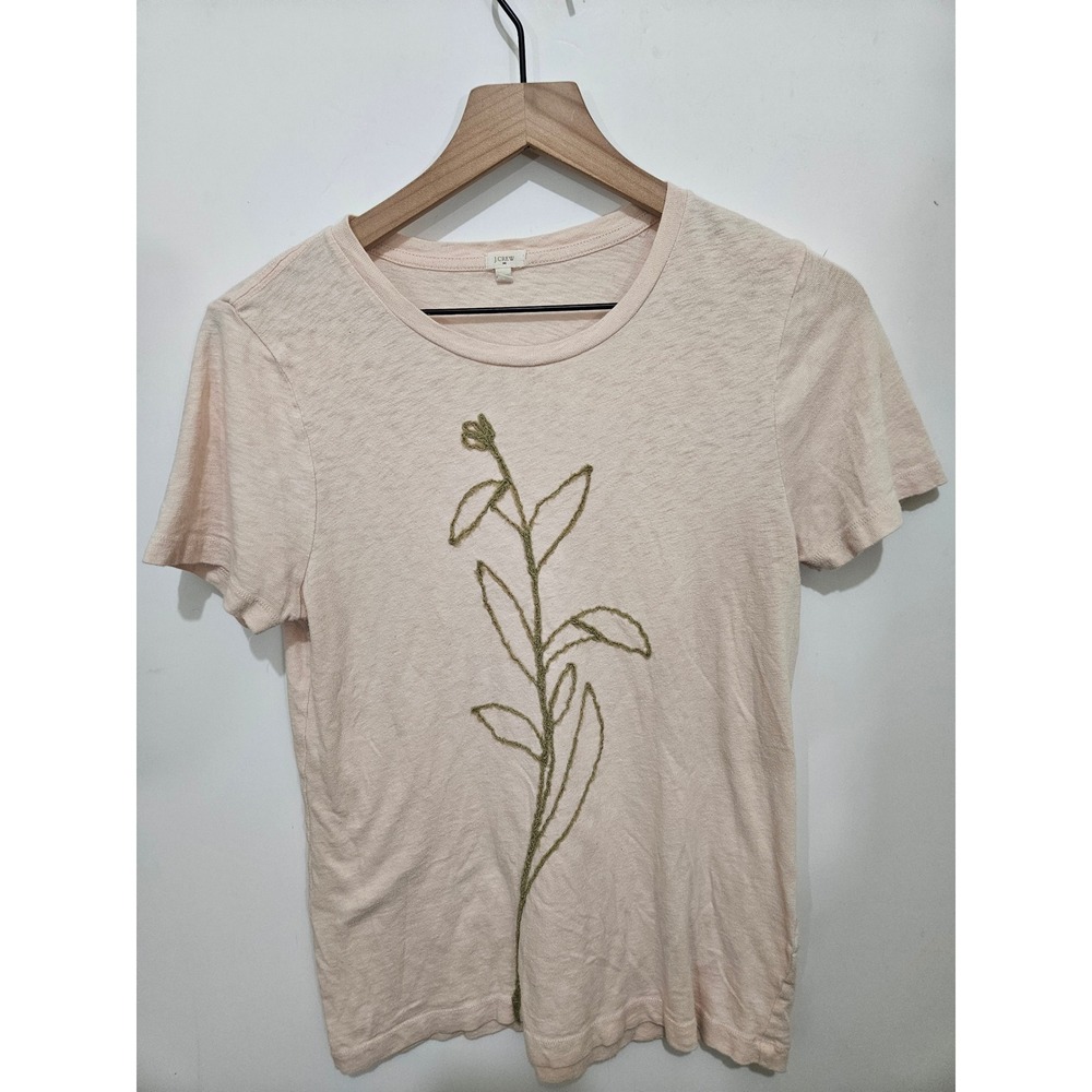 J.Crew Womens Cotton Embroidered Botanical Sprig Tee Pale Pink Size M